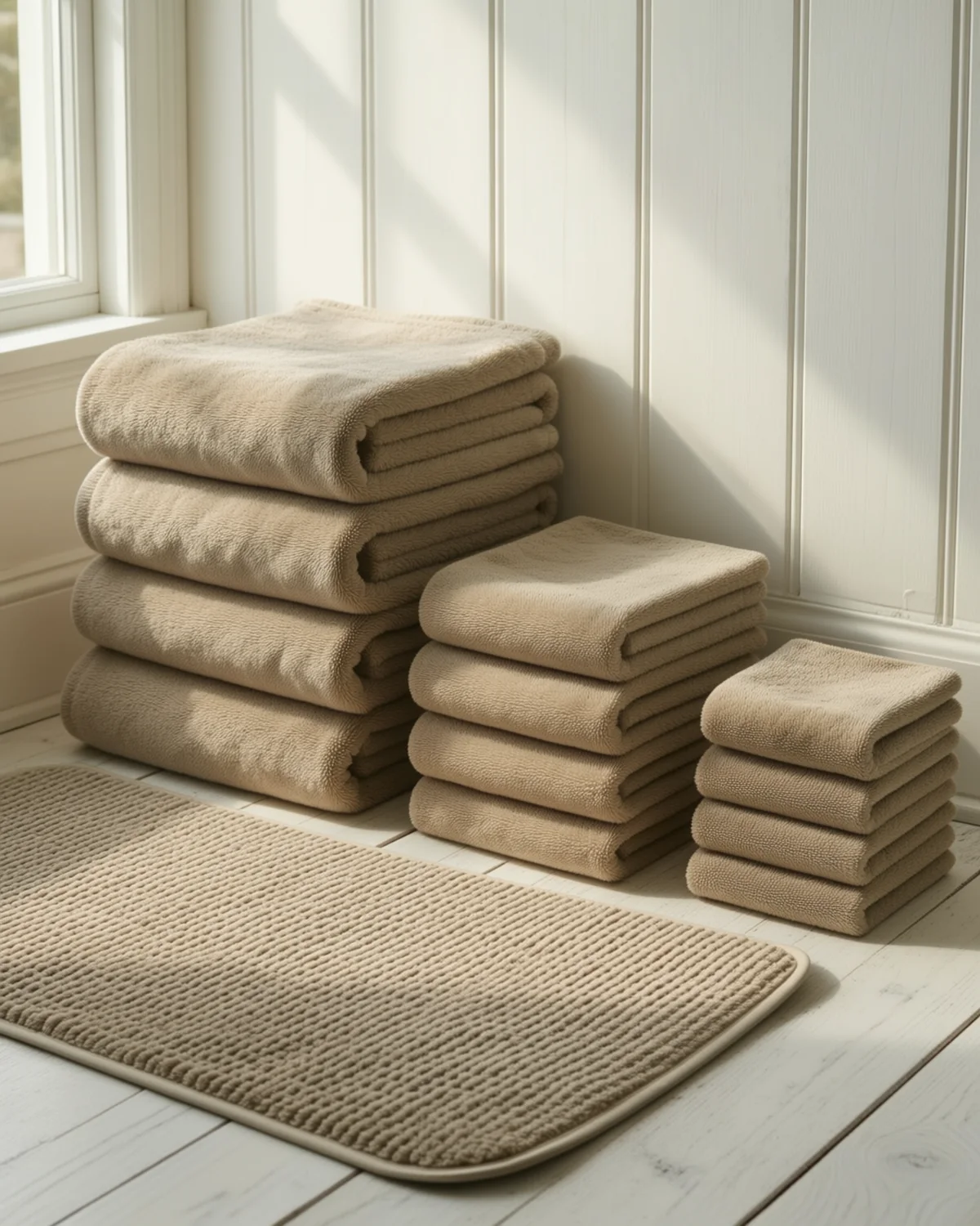Complete Towel and Bath Mat Set, 13 pieces: 4 bath towels, 4 hand towels, 4 washcloths, 1 bath mat