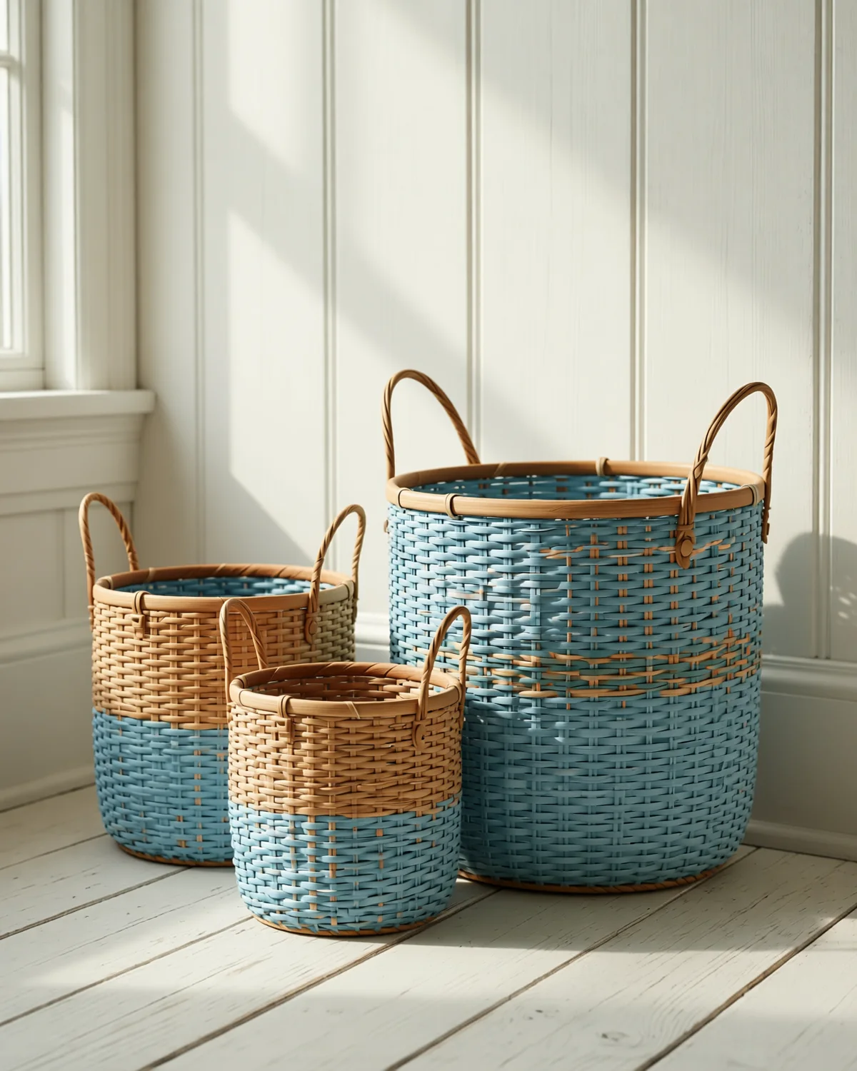 Woven Storage Basket Trio, Set of 3 graduated woven baskets with handles